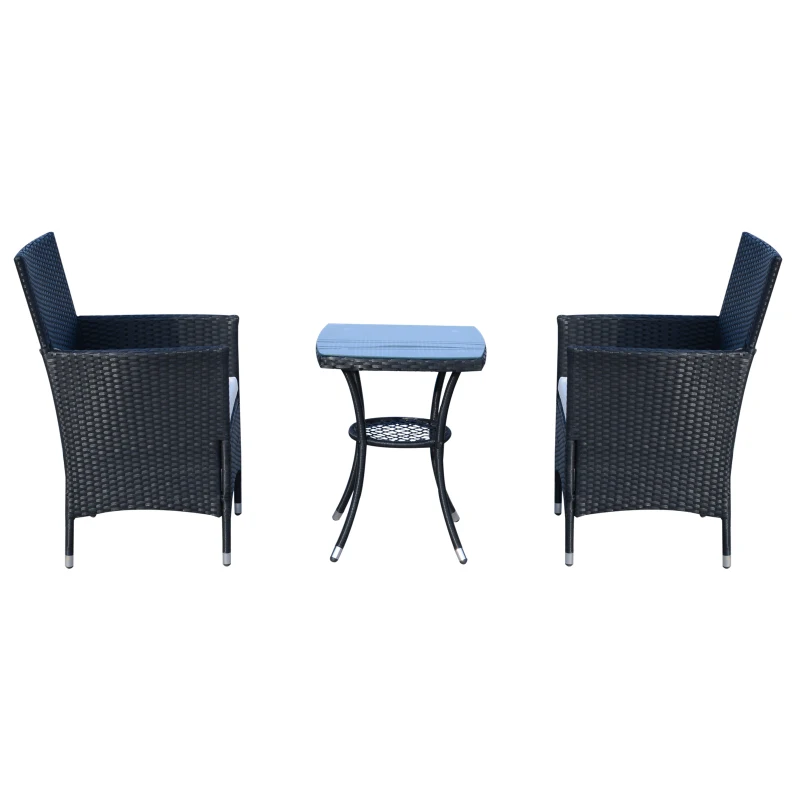 Outsunny 3 Pieces Patio Bistro Set, Outdoor PE Rattan Porch Furniture with Two Armchairs, Glass Top Coffee Table, Black