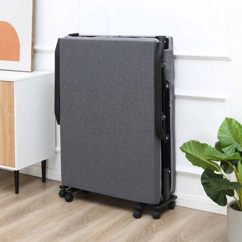 HOMCOM Rollaway Bed, Folding Bed with 3.25" Mattress, Portable Foldable Guest Bed with Adjustable Backrest, and Metal Frame on Wheels, Dark Grey