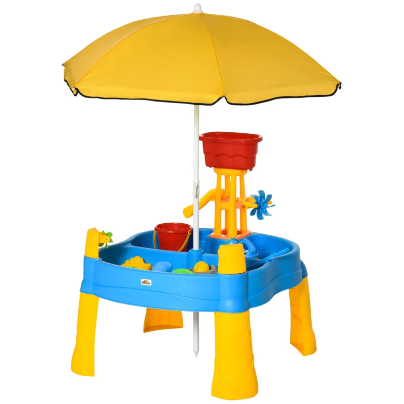 Qaba 2-in-1 Covered Sandbox Table with Umbrella for Outdoors and Indoors, 25-Piece Sand and Water Table for Toddlers, Little Kids Toys
