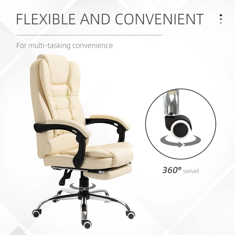 HOMCOM High Back Office Chair PU Leather Executive Office Chair with Retractable Footrest Padded Armrest Cream White