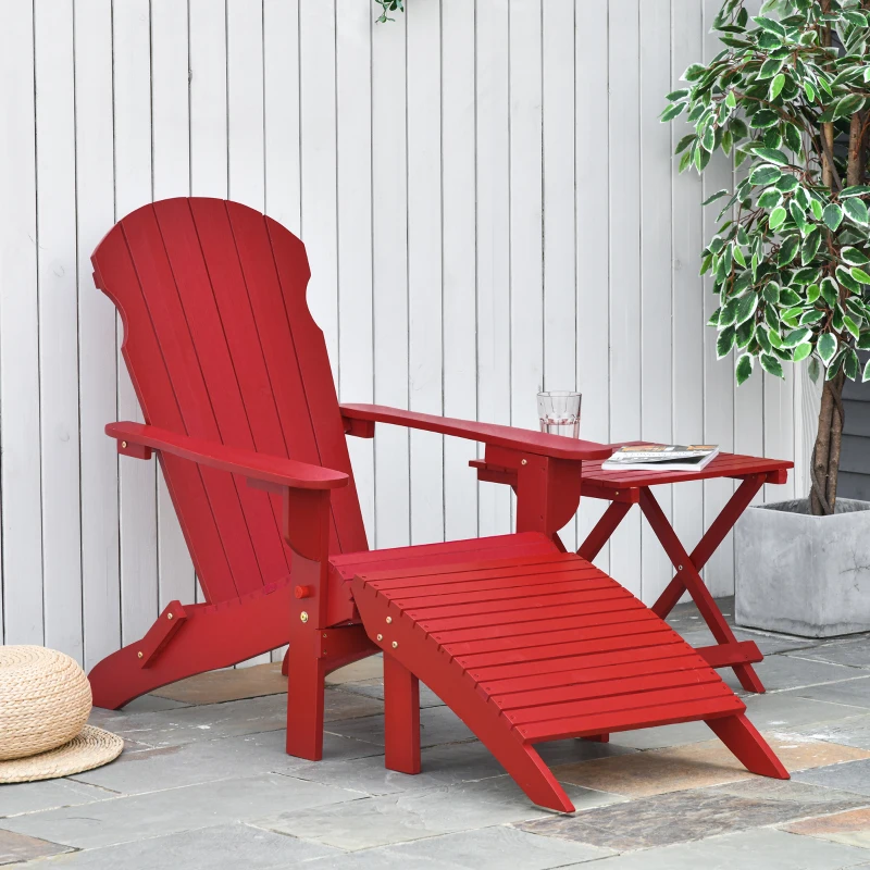 Outsunny 3-Piece Folding Adirondack Chair with Ottoman and Side Table, Outdoor Wooden Fire Pit Chairs w/ High-back, Wide Armrests for Patio, Backyard, Garden, Lawn Furniture, Red