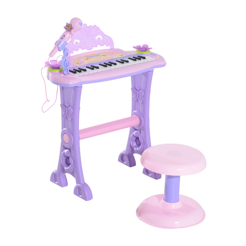 Qaba Kids Piano Electronic Keyboard Instrument with Microphone and Stool 32 Keys Musical Toy Organ Educational Gift for Children Pink
