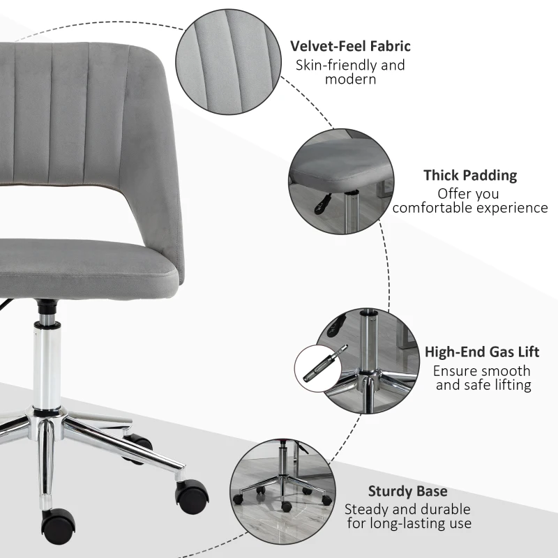 Vinsetto Mid Back Office Chair Velvet Fabric Swivel Scallop Shape Computer Desk Chair, Grey