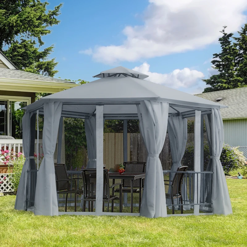 Outsunny 13' x 13' Patio Gazebo, Double Roof Hexagon Outdoor Gazebo Canopy Shelter with Netting & Curtains, Solid Steel Frame for Garden, Lawn, Backyard and Deck, Gray