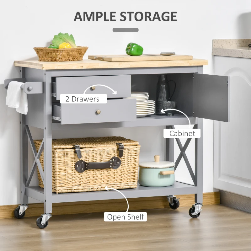HOMCOM Utility Kitchen Cart Rolling Kitchen Island Storage Trolley with Rubberwood Top, 2 Drawers, Towel Rack, Gray