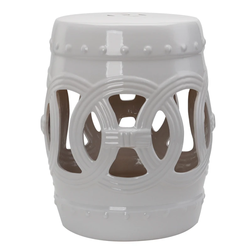 Outsunny 14" x 17" Ceramic Garden Stool with Double-Coin Knotted Ring Design & Strong Glazed Material, Decorative Outdoor Stool, Home Collection, White