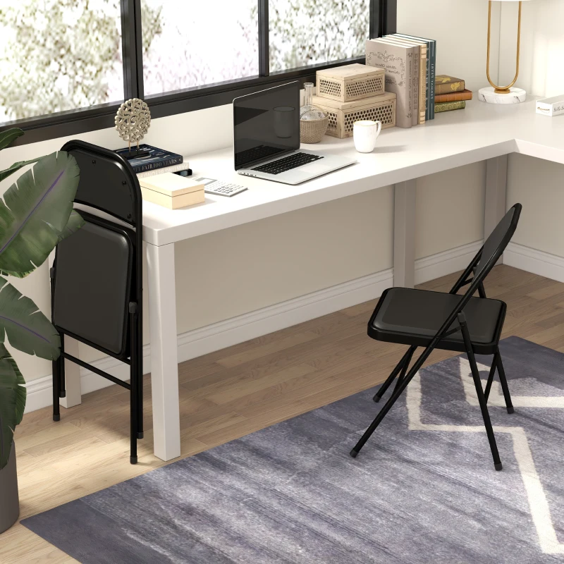 HOMCOM Set of 2 Metal Foldable Chairs, PU Leather Padded Folding Chairs with Cushion Seat and Open Back for Indoor, Black