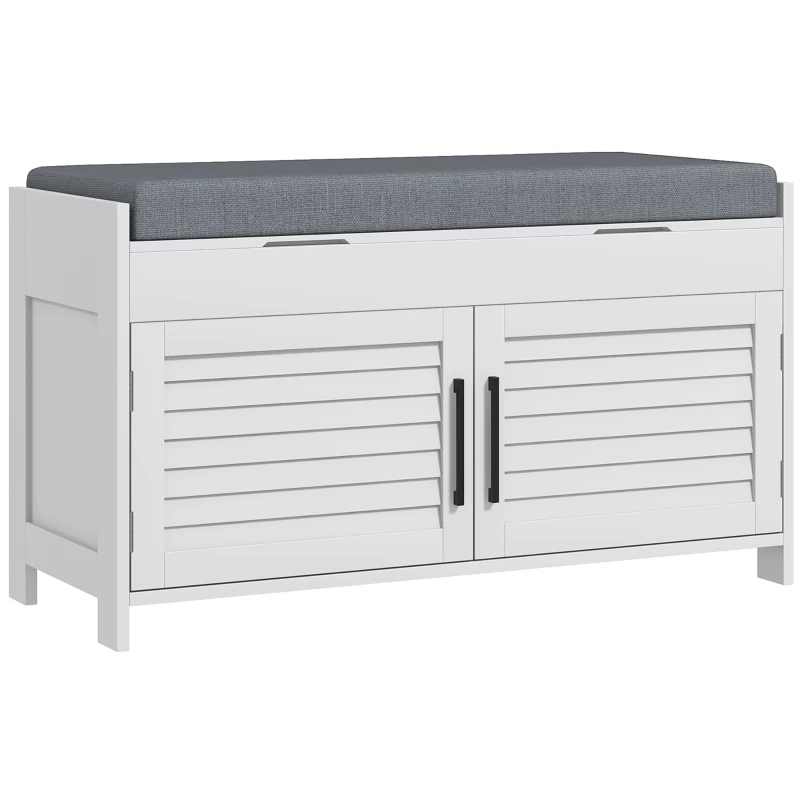 HOMCOM Entryway Bench with Cushion, Hidden Storage, Adjustable Shelves and Shutter Doors, 35.4" Shoe Bench, White