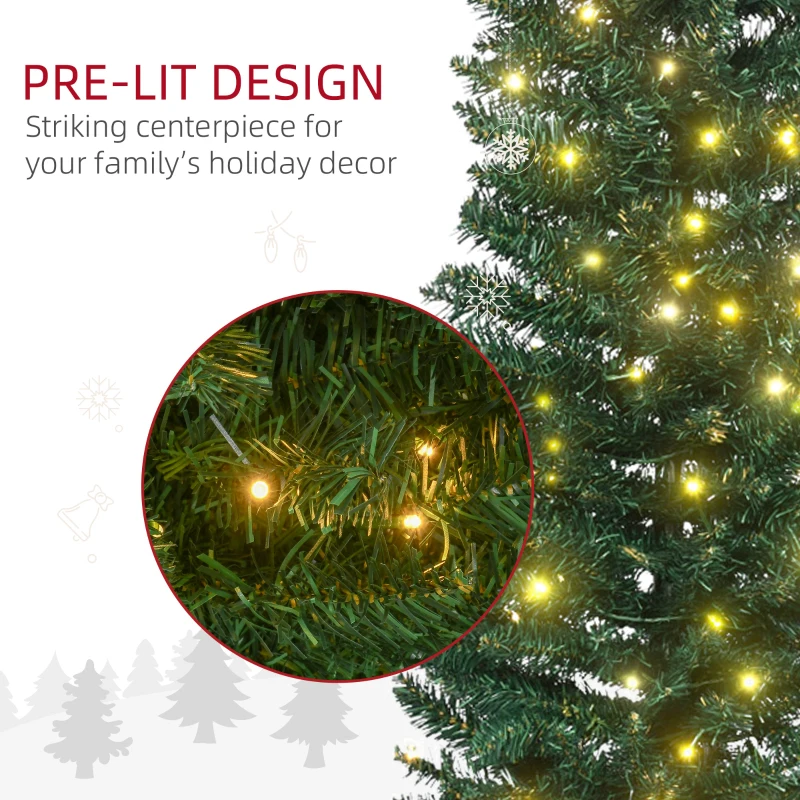 HOMCOM 7' Tall Pre-Lit Slim Noble Fir Artificial Pencil Christmas Tree with 200 Warm White LED Lights and 499 Tips, for Christmas Decoration, Green
