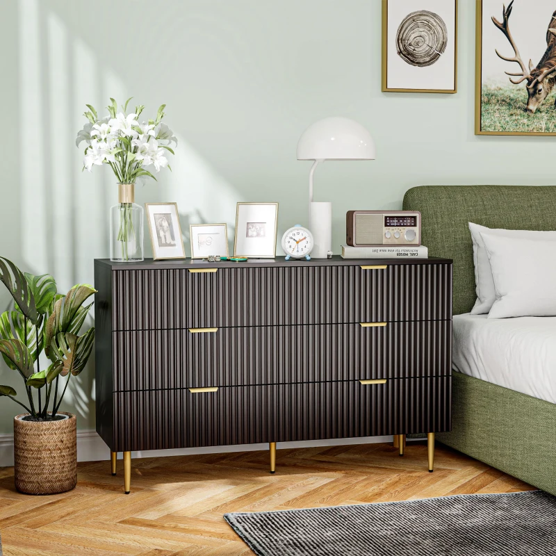 HOMCOM Modern Chest of Drawers 6 Drawer Dresser for Bedroom with Gold Legs and Handles, Black