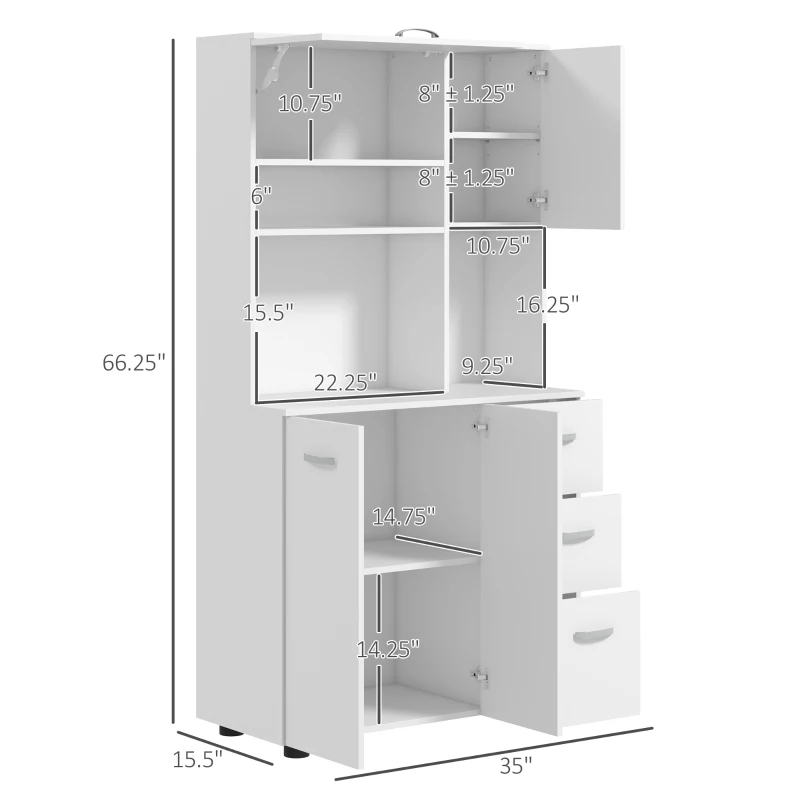 HOMCOM 66" Buffet with Hutch, Kitchen Pantry Cabinet with 2 Large Cabinets, Flip Up Door, 3 Drawers and Countertop, White