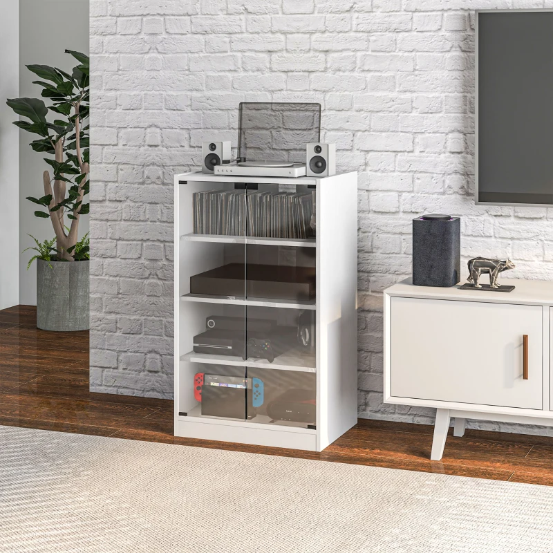 HOMCOM 4-Tier Media Cabinet, Media Stand with Adjustable Shelves, Tempered Glass Doors, and Cable Management, Distressed White