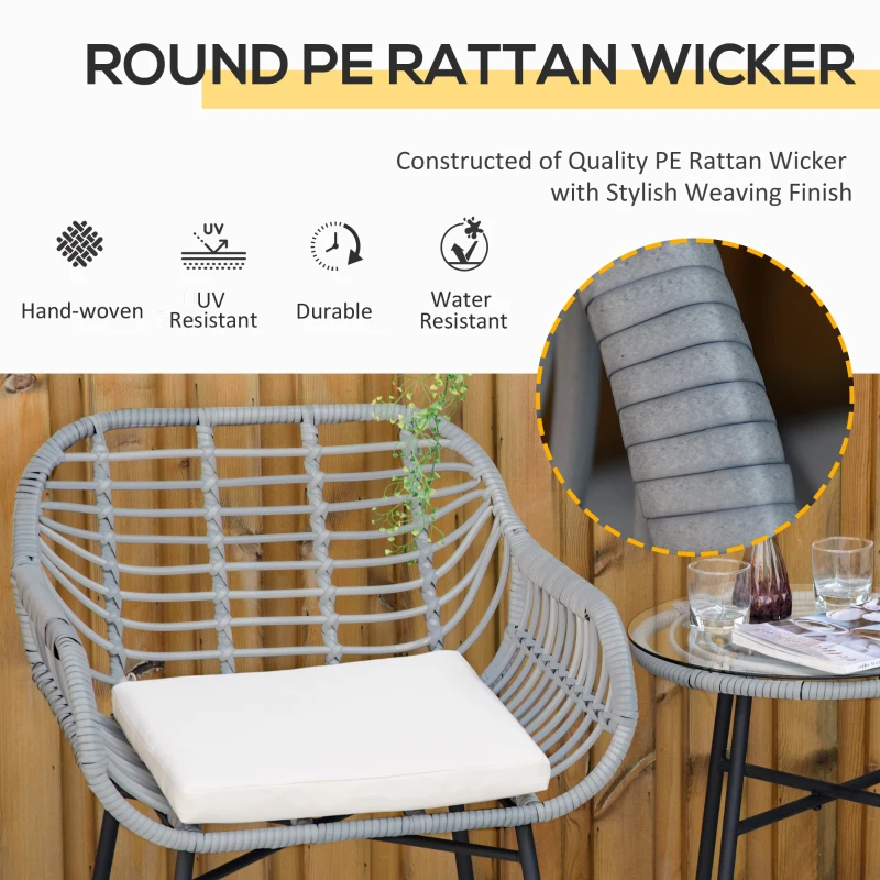 Outsunny 3 Piece Patio Set, Outdoor Bistro Furniture, PE Rattan Wicker Table and Chairs, Cushioned, Cream White