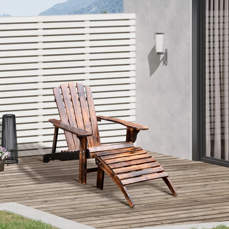 Outsunny Wooden Adirondack Chair with Ottoman, Outdoor Fire Pit Chair, Supports Up to 330 lbs., Rustic Brown