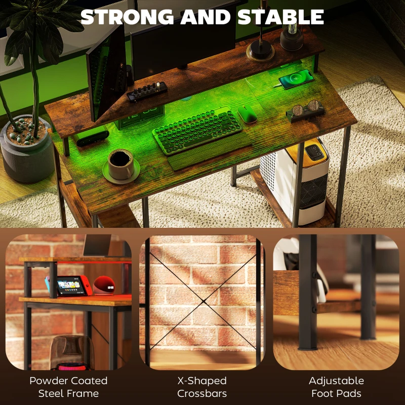 HOMCOM Computer Desk with Storage, 47" Reversible Computer Table with Power Outlets and LED Lights, Rustic Brown