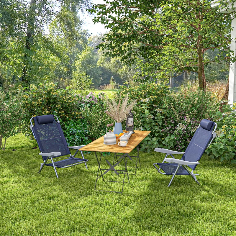 Outsunny Set of 2 Fishing Chairs, Camping Chairs with Adjustable Backrest and Headrest, Folding Chair for Outdoor, Dark Blue