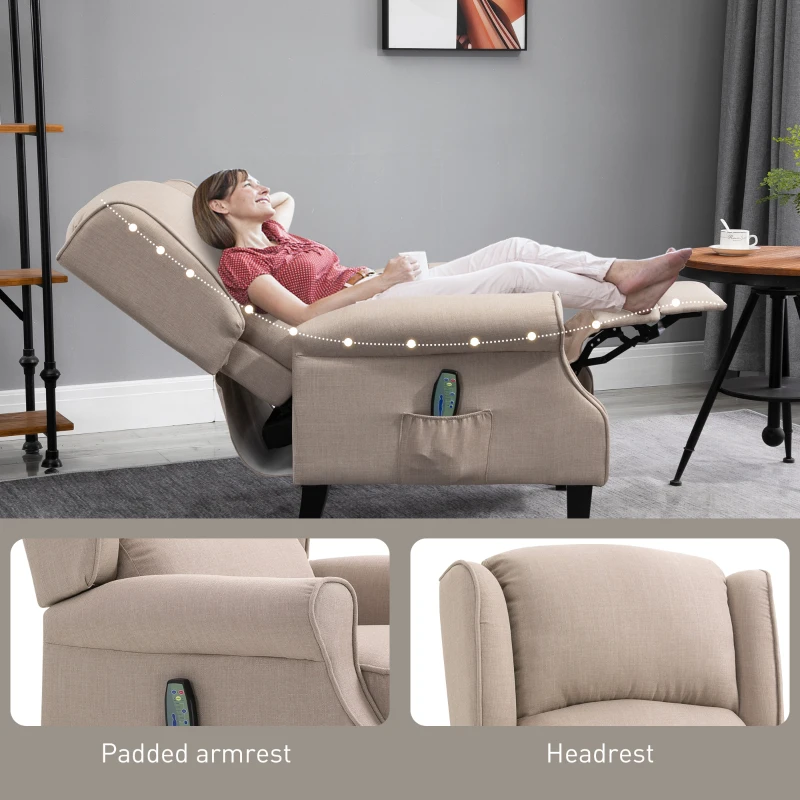 HOMCOM Vibration Massage Recliner Chair for Living Room with Heat,  Wingback Single Sofa, Modern Linen Fabric Push Back Reclining Chair with Footrest, Side Pocket, Dark Beige