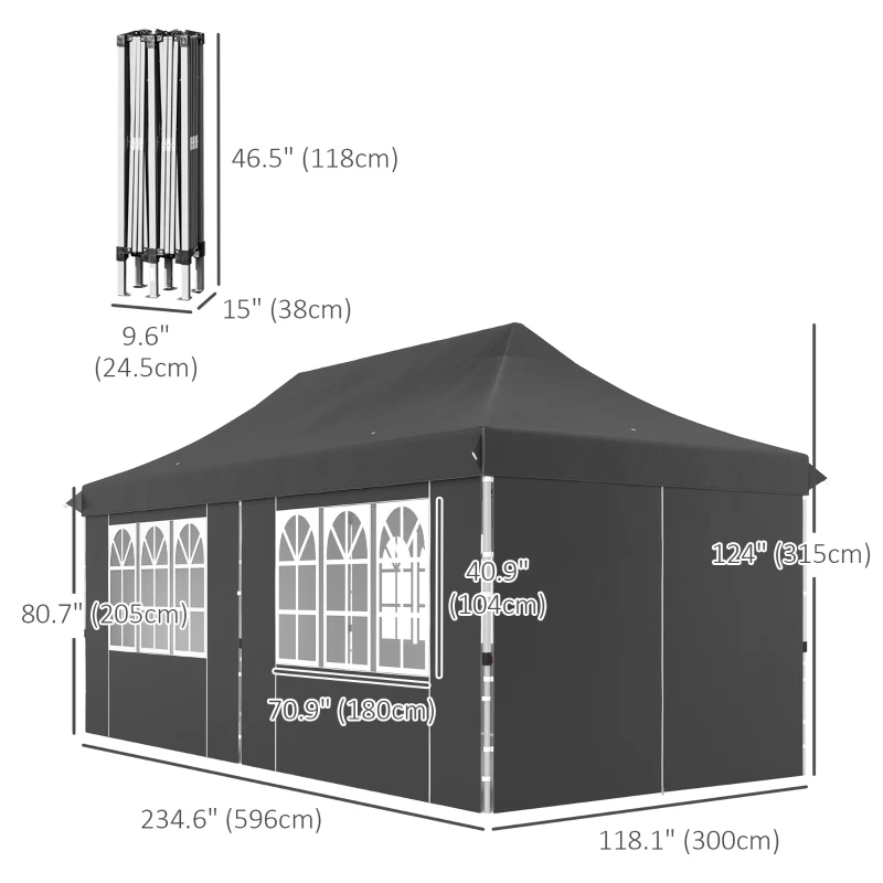 Outsunny 20x10 Pop Up Canopy with 6 Removable Sidewall, Carry Bag and 6 Sand Bags, Height Adjustable Instant Sun Shelter, Grey