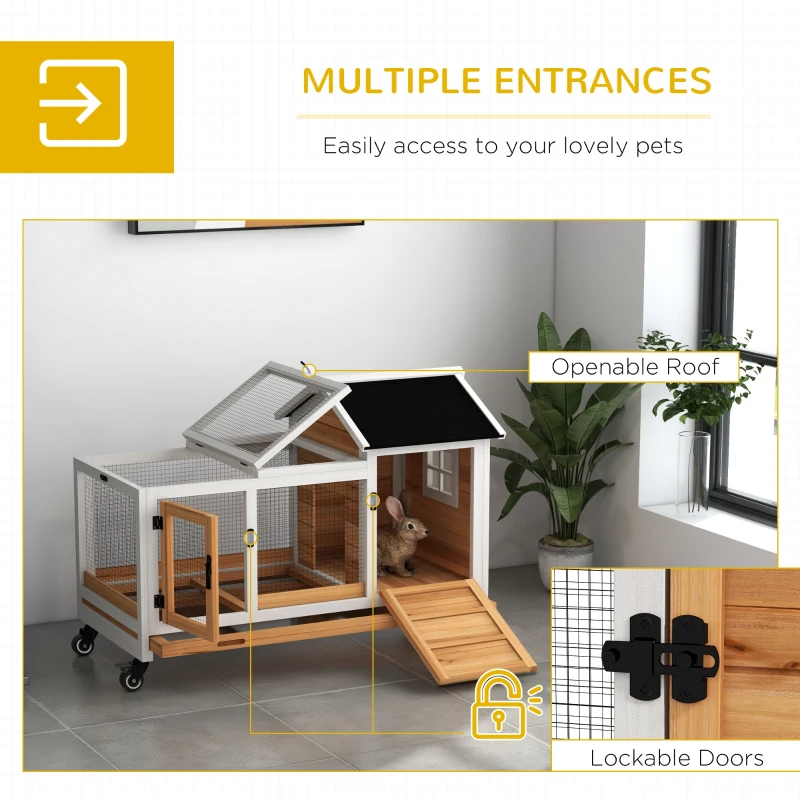 PawHut Wooden Rabbit Hutch with Wheels, Run, Slide-out Tray for Small Animals, Guinea Pig, Yellow