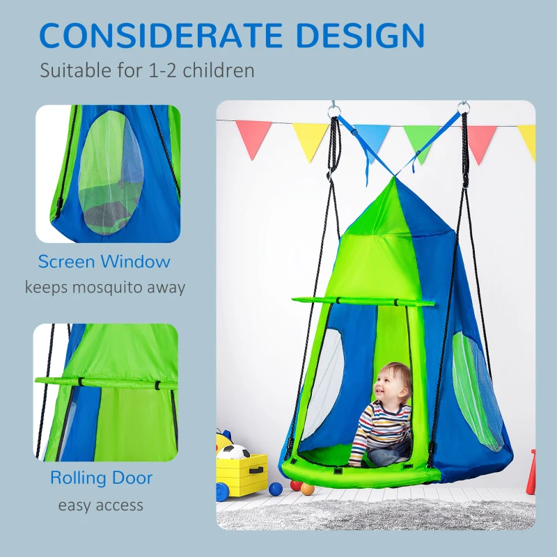 Outsunny Kids Hanging Tree Swing Tent for Backyard, Waterproof Hammock Chair Nest Pod, Saucer Swing with Screen Window, Rolling Door, for Indoor & Outdoor Use, Green