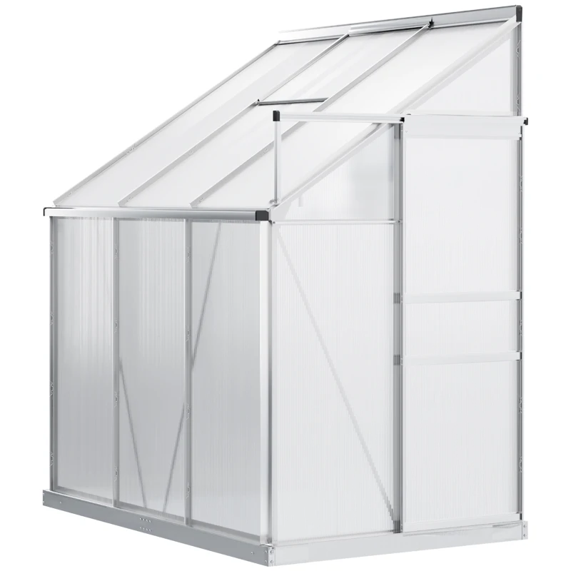 Outsunny 6' x 4' Aluminum Lean-to Greenhouse Polycarbonate Walk-in Garden Greenhouse with Adjustable Roof Vent, Rain Gutter and Sliding Door for Winter, Clear