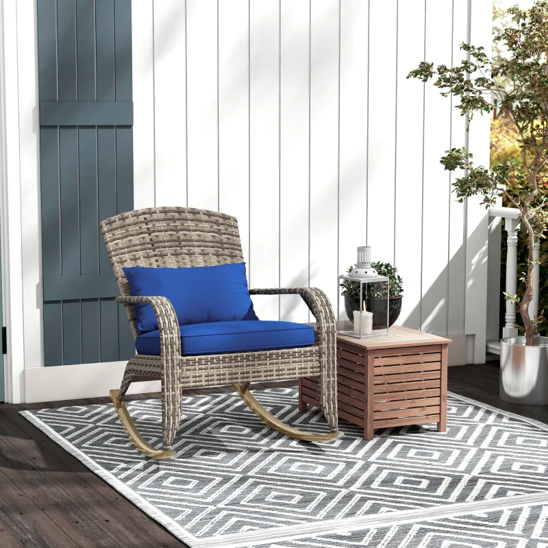 Outsunny Adirondack Chair, Outdoor Wicker Rocking Chair with High Back, Seat Cushion, and Pillow for Porch, Balcony, Dark Blue