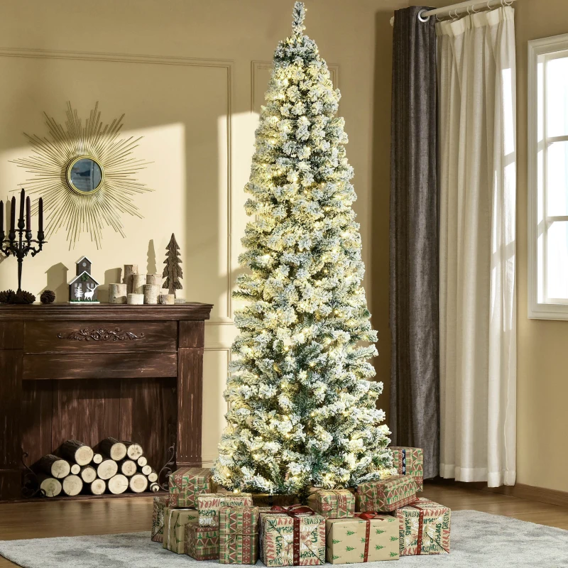 HOMCOM 7.5ft Pre-Lit Snow-Flocked Slim Douglas Fir Artificial Christmas Tree with Realistic Branches, 350 LED Lights and 641 Tips