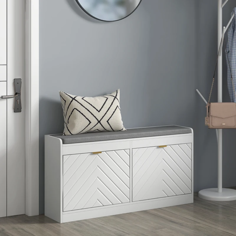 HOMCOM Narrow Storage Bench, Upholstered Entry Way Bench, Shoe Rack Bench with 2 Flip Drawers, 2 Vents for 8 Pairs of Shoes