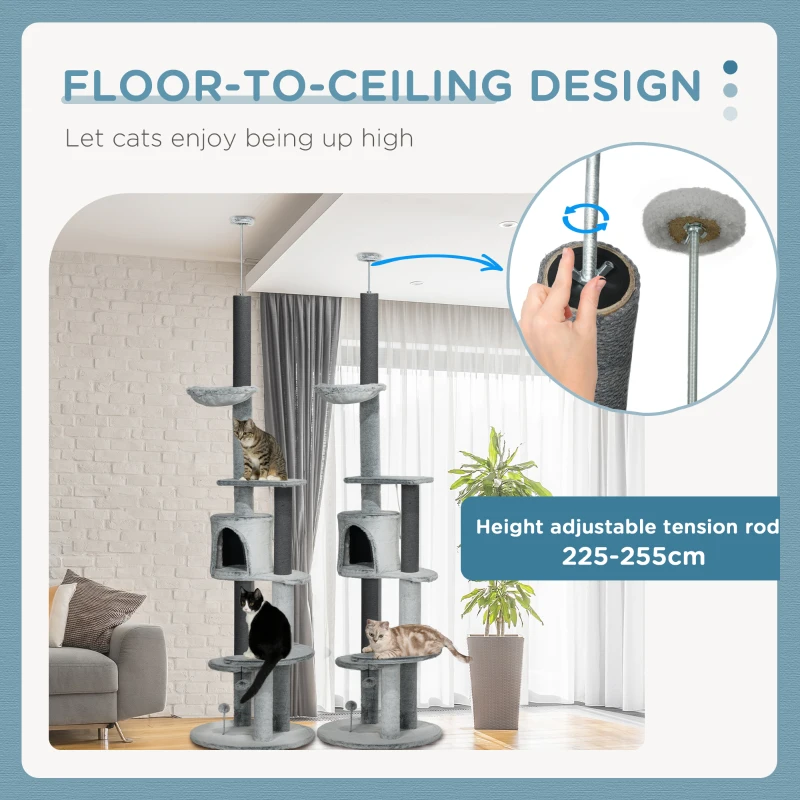 PawHut 89"-100" Floor to Ceiling Cat Tree w/ Hammock, Scratching Posts, Condo, Perches, Toy Ball, Anti-tip Kit, Grey