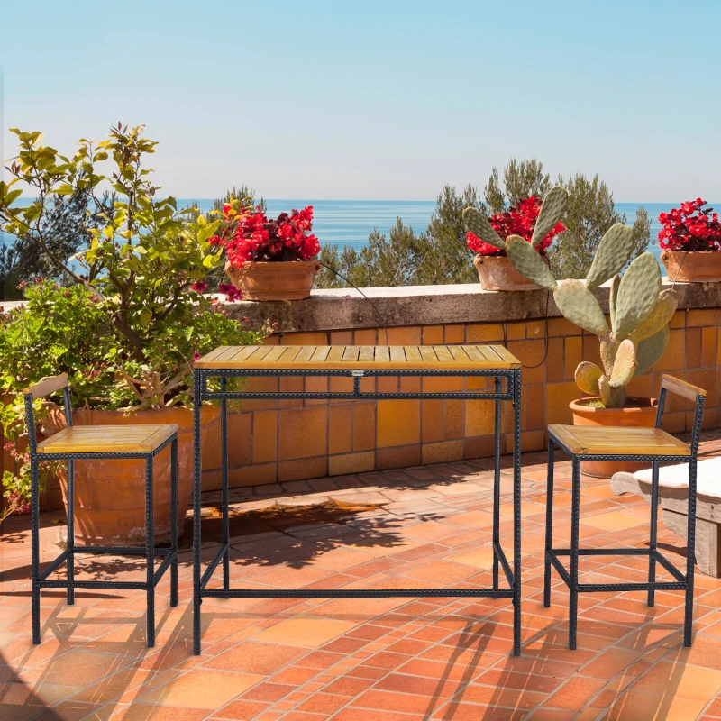 Outsunny 3-Piece Wicker Bar Set, Patio Bar Table Chair w/ Acacia Wood Top, 43.3" x 23.6" x 39.4", Dark Brown