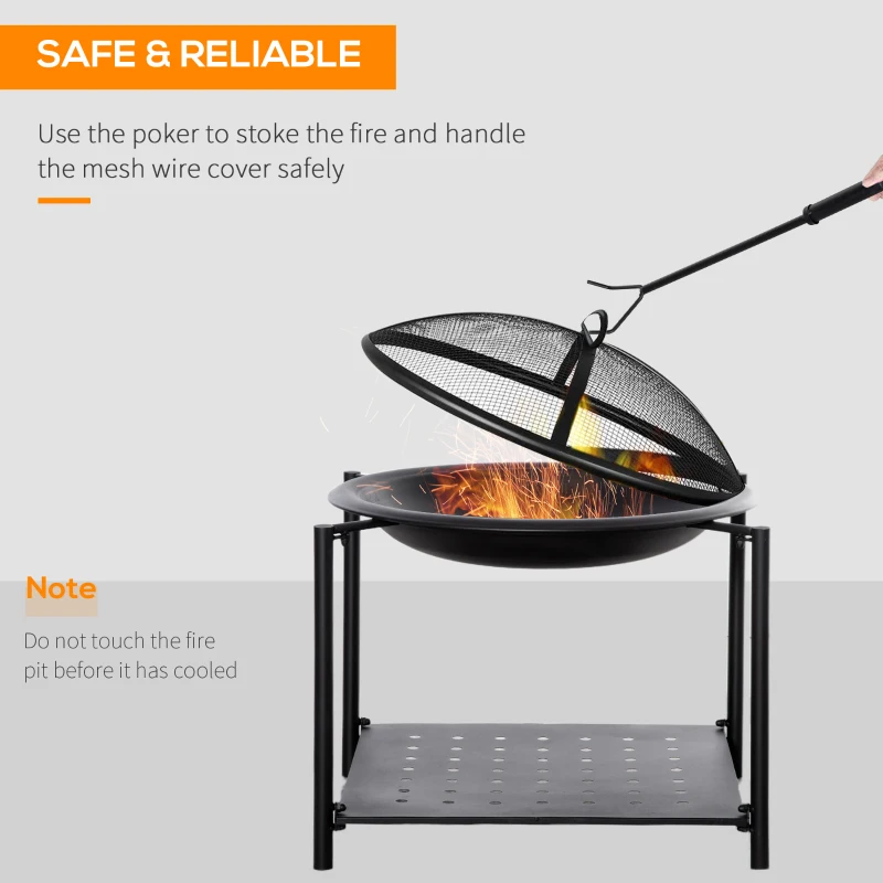 Outsunny 29.1in Outdoor Fire Pit with Screen Cover and Storage Shelf, Wood Burning Fire Bowl with Poker for Patio, Backyard, Black