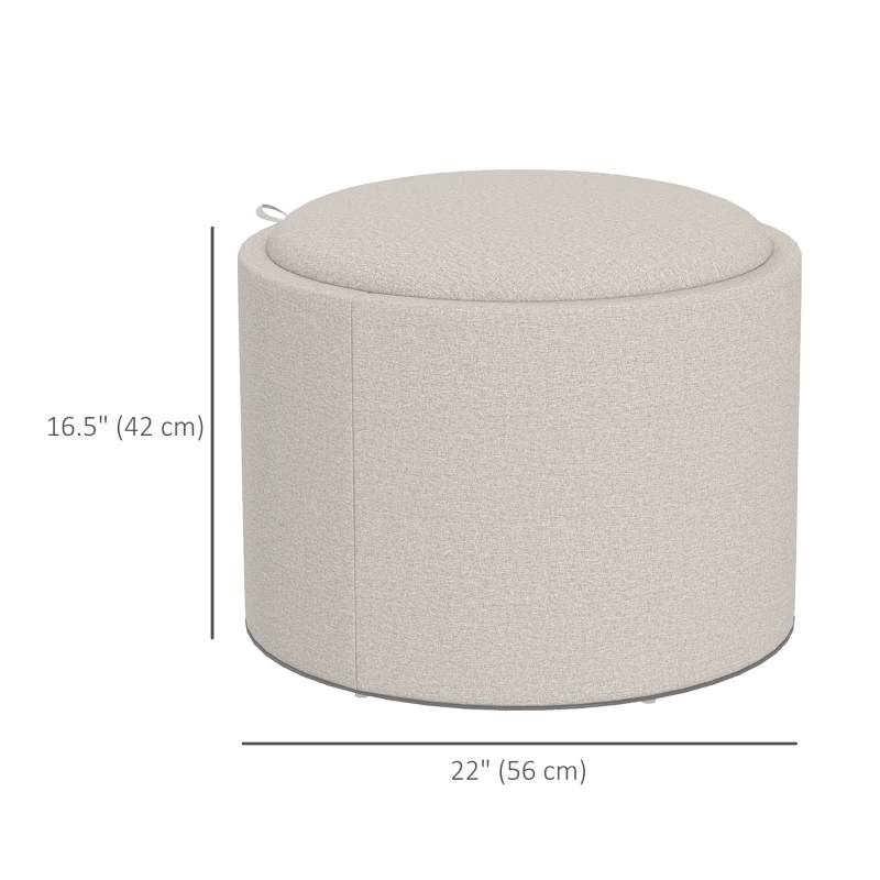 HOMCOM Round Coffee Table, End Table with Hidden Storage and Tray Top, Linen Upholstered Footrest for Living Room