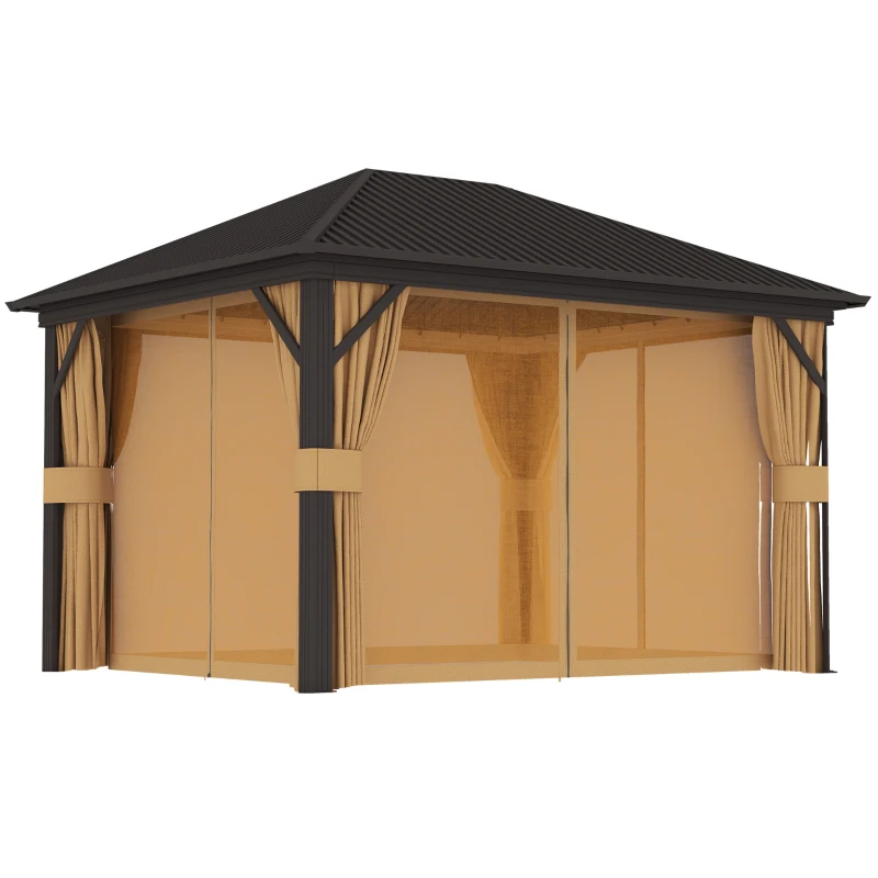 Outsunny 10' x 12' Outdoor Hardtop Gazebo Metal Roof Patio Gazebo with Aluminum Frame, Mesh Nettings, Brown