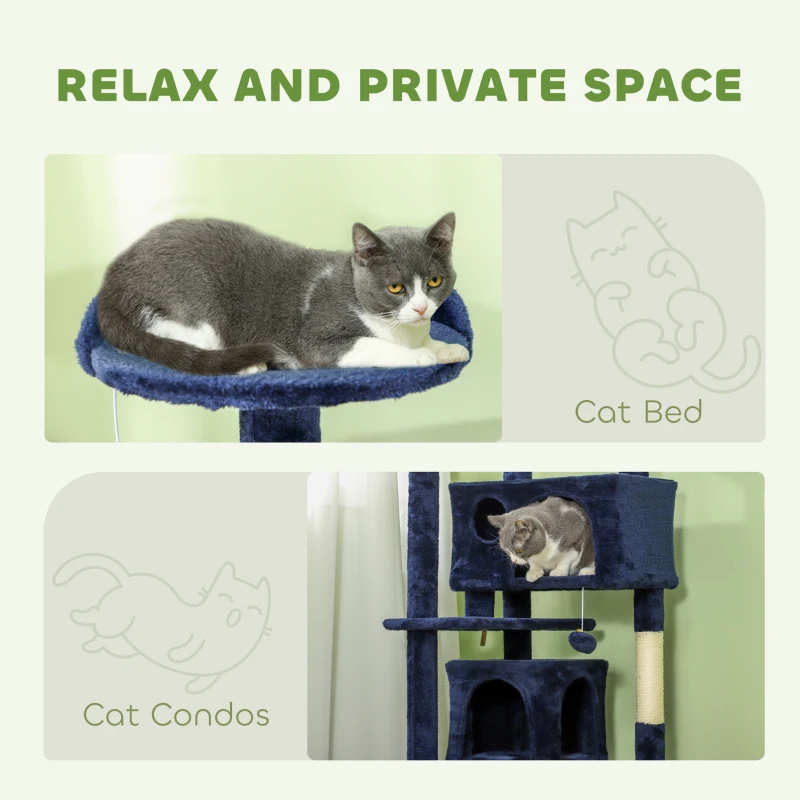 PawHut 54" Cat Tree, Multi-Level Cat Tower with Scratching Posts, Cat Condos, Bed, Platforms, Ramp, Toy Ball, Dark Blue