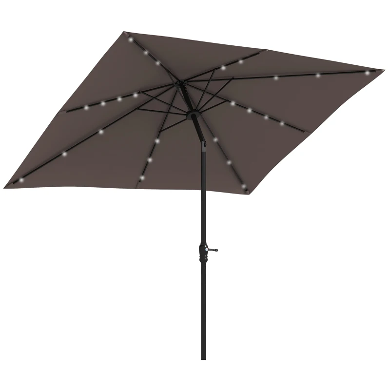 Outsunny 9' x 7' Outdoor Patio Solar Umbrella with Crank, Solar LED Lights, Tilting, Push-Button for Deck, Pool and Lawn, Tan