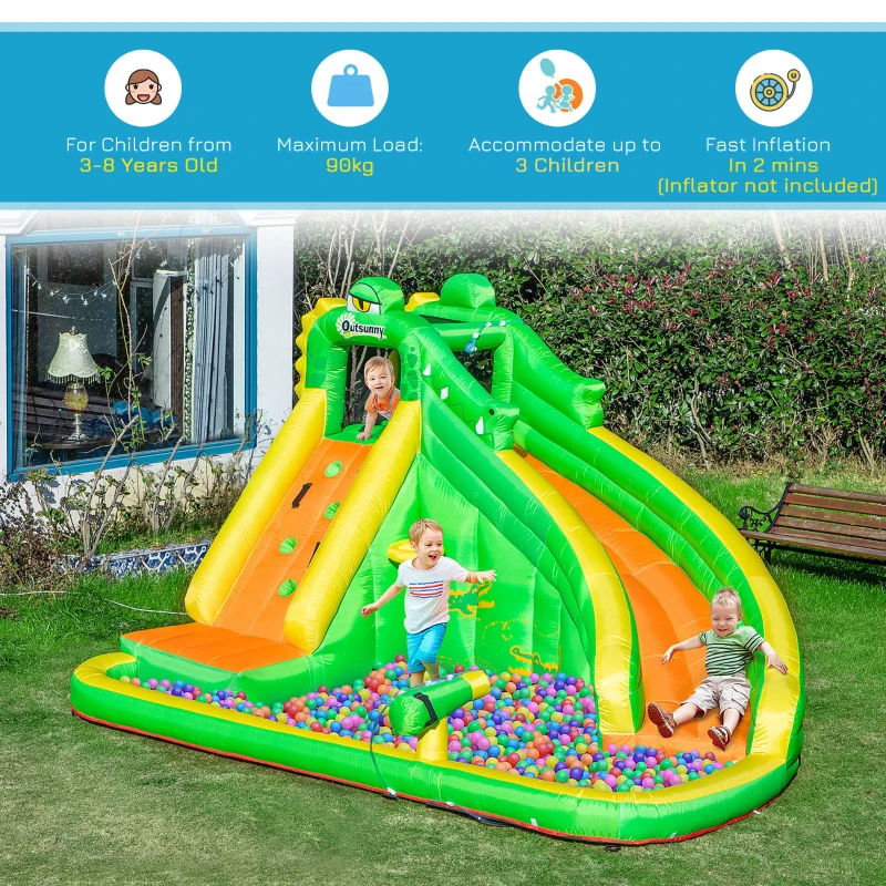 Outsunny 6 in 1 Inflatable Water Slide for Kids Backyard Water Park Castle Bounce House Extra Large Crocodile Style with Basket, Cannon, Pool, Climbing Wall, Slide and Carrybag Without Air Blower