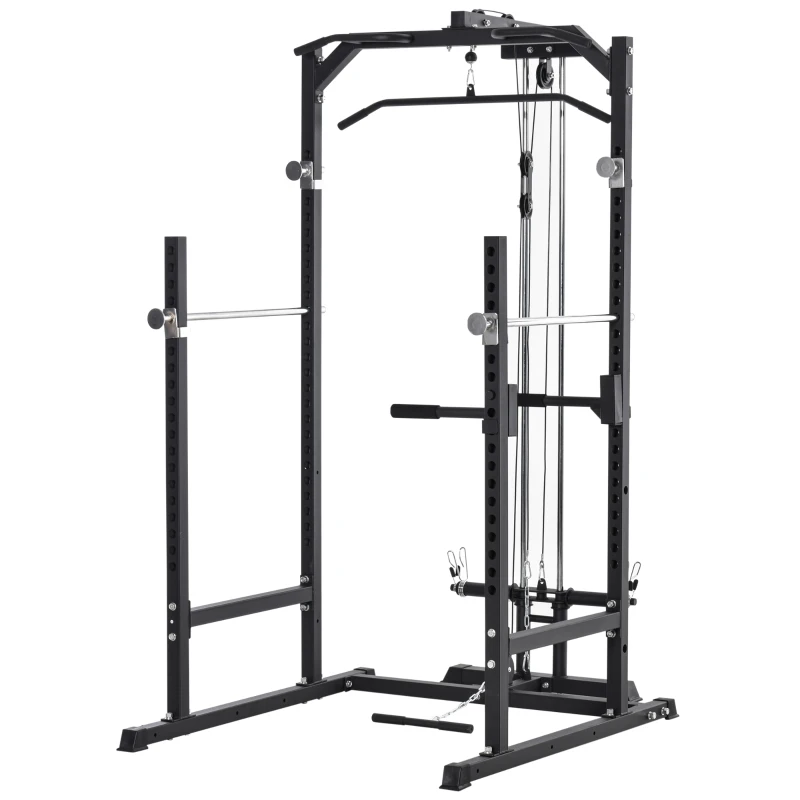 Soozier Power Cage, Power Rack with LAT Pulldown Attachment, Pull-up Bar, T Bar Row Landmine and Dip Handle, Strength Training Workout Station, for Home Gym, 800lbs Capacity