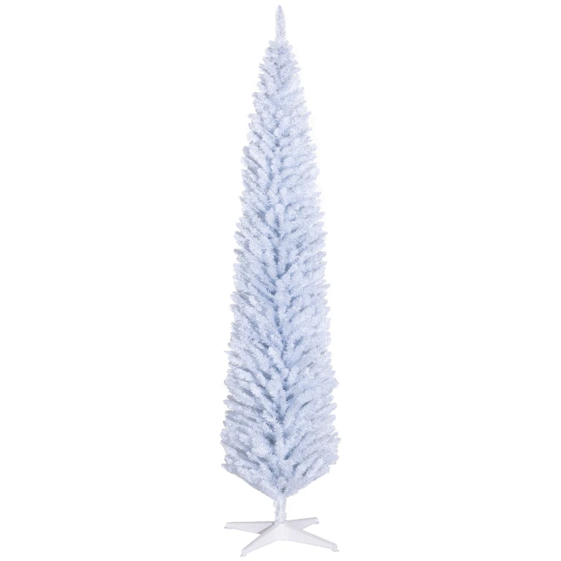 HOMCOM 8ft Unlit Pencil Artificial Christmas Tree with Realistic Branches and 618 Tips, Plastic Base, White