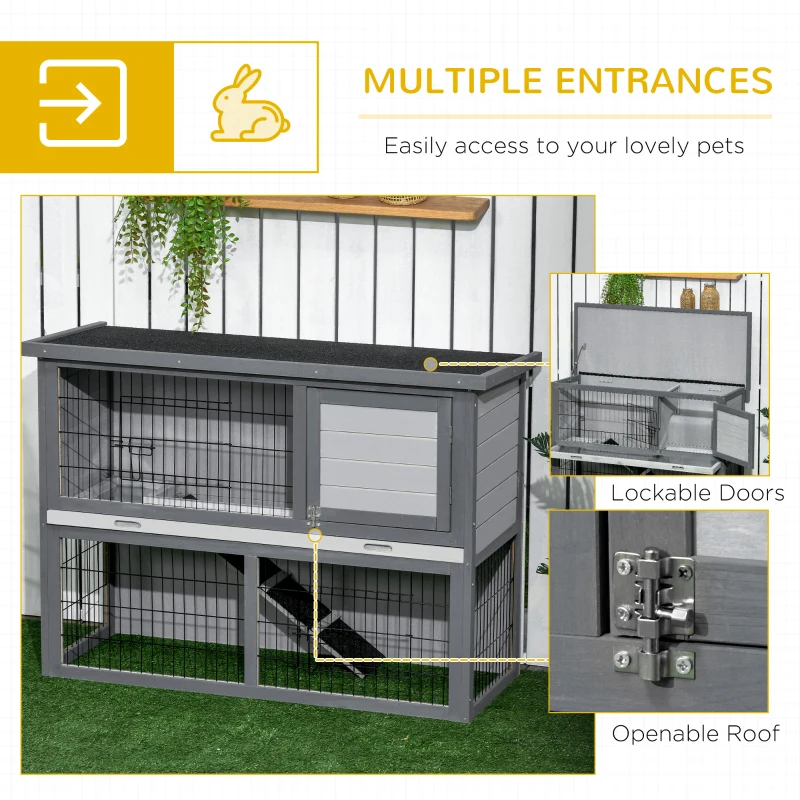 PawHut 42.5" Wooden Rabbit Hutch Bunny Cage Small Animal House Enclosure with Ramp, Removable Tray and Weatherproof Roof for Outdoor, Gray
