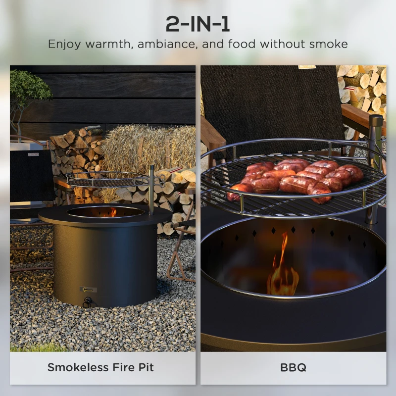 Outsunny 2-in-1 Smokeless Firepit, Stainless Steel Bonfire Stove with Poker and Ash Tray for Backyard, Patio, Picnic, Black