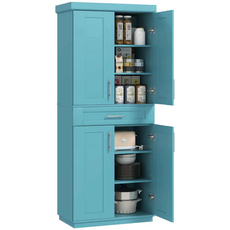 HOMCOM Modern Kitchen Pantry Freestanding Cabinet Cupboard with Doors and Drawer, Adjustable Shelving, Turquoise