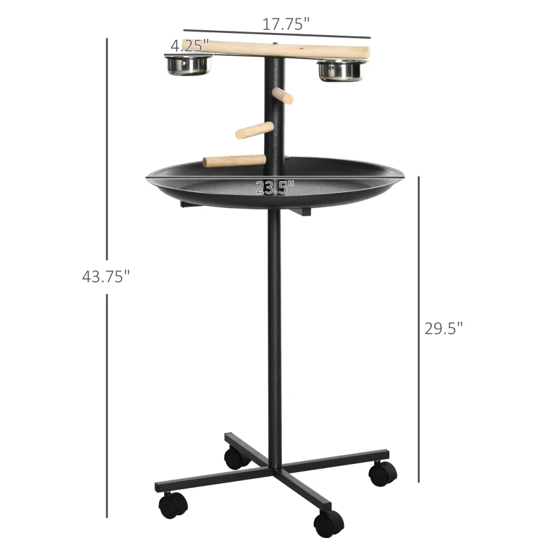 PawHut Portable Bird Play Stand, Parrot Perch Bird Feeder Station with Wheels, Stainless Steel Feeding Bowls, Tray, Gray