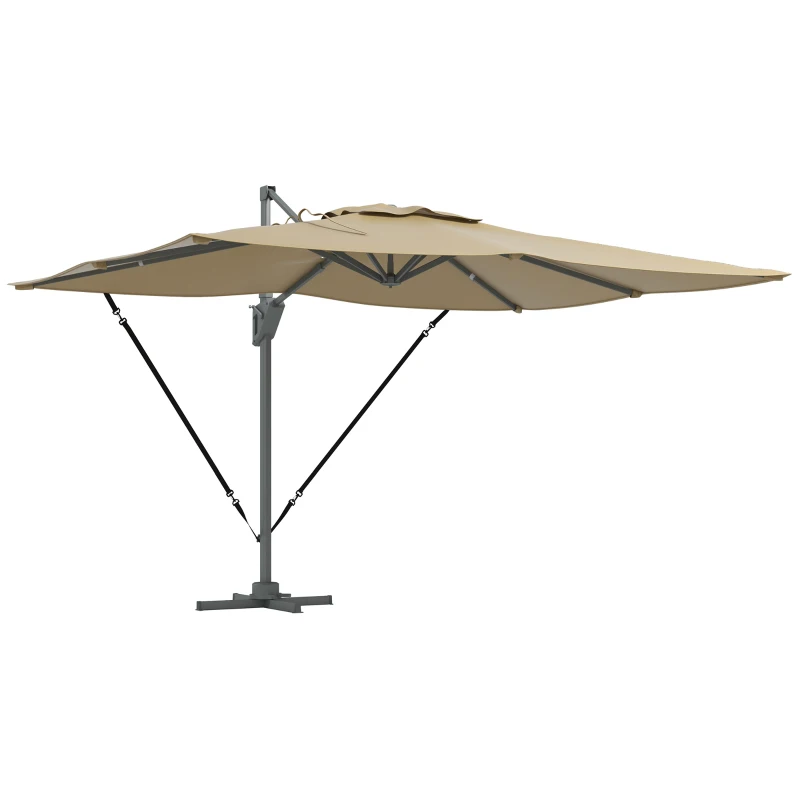 Outsunny 13 FT Cantilever Umbrella, Aluminum Hanging Offset Umbrella with 360°Rotation, Crank, Tilt, Cross Base, Khaki