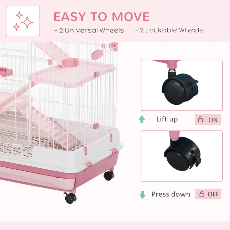 PawHut 32"L 4-Level Small Animal Cage with Universal Lockable Wheels, Slide-out Tray for Bunny, Chinchillas, Ferret, Pink