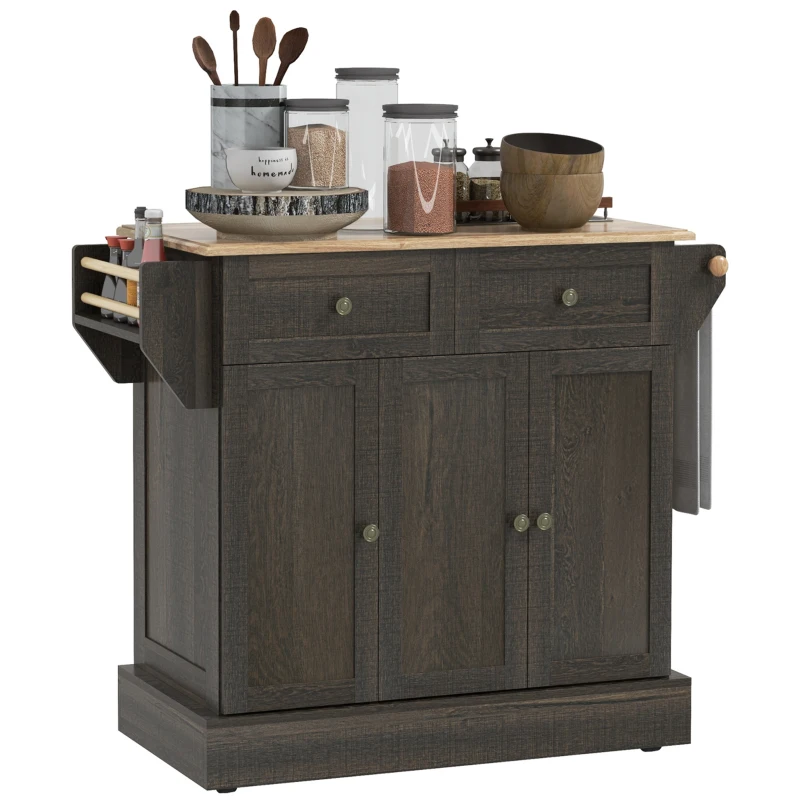 HOMCOM Triple-Cabinet Kitchen Island on Wheels, Kitchen Storage Cabinet with Drawers, Rolling Utility Cart Brown