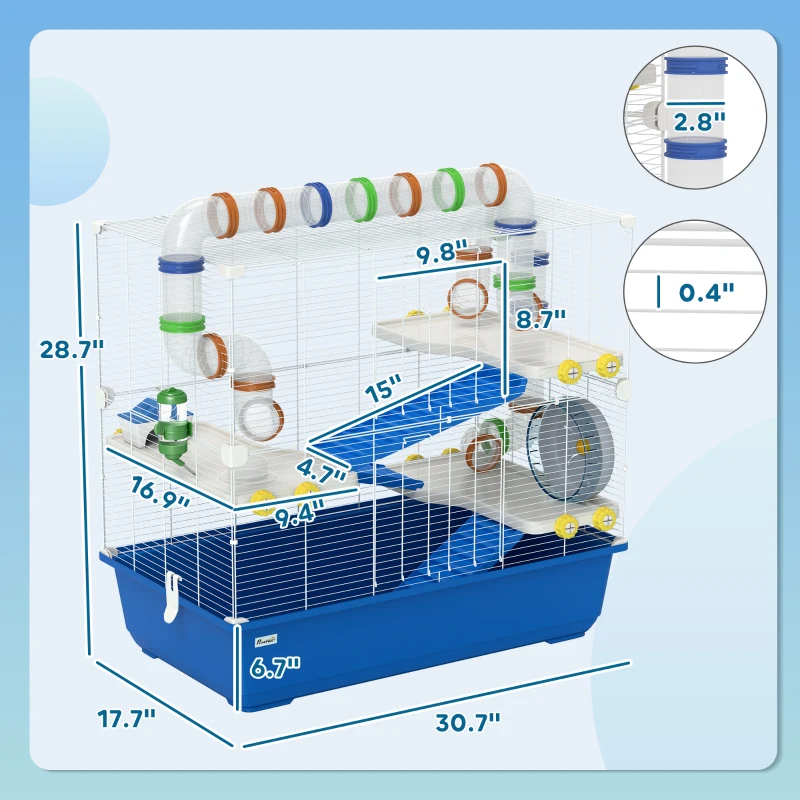 PawHut 4 Tier Hamster Cage with Tunnel Tube System, Hut, Exercise Wheel, Water Bottle, Food Dish, for Syrian, Gerbil, Blue