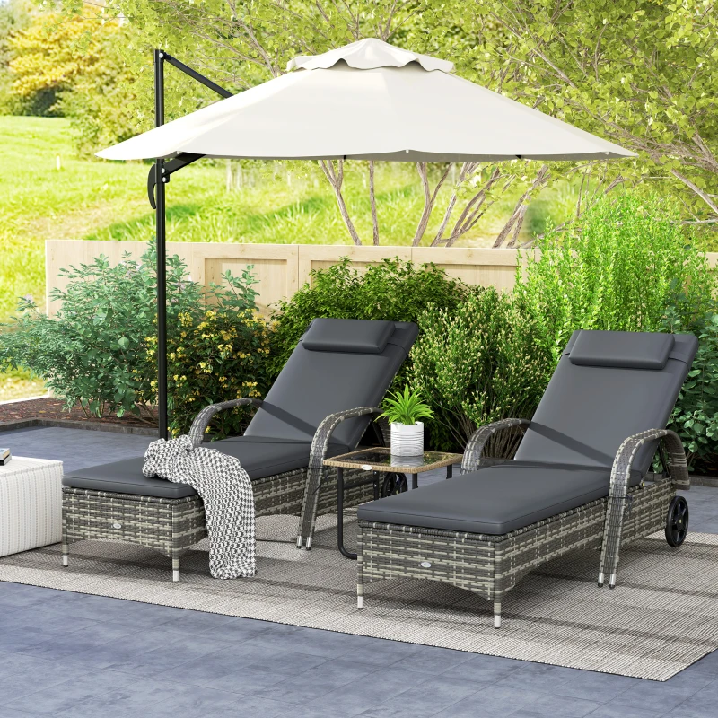 Outsunny 2 Reclining Chaise Lounge Chairs, Rolling Outdoor Chairs with Cushion, Pillow, Headrest, Armrests, and Wheels, Gray