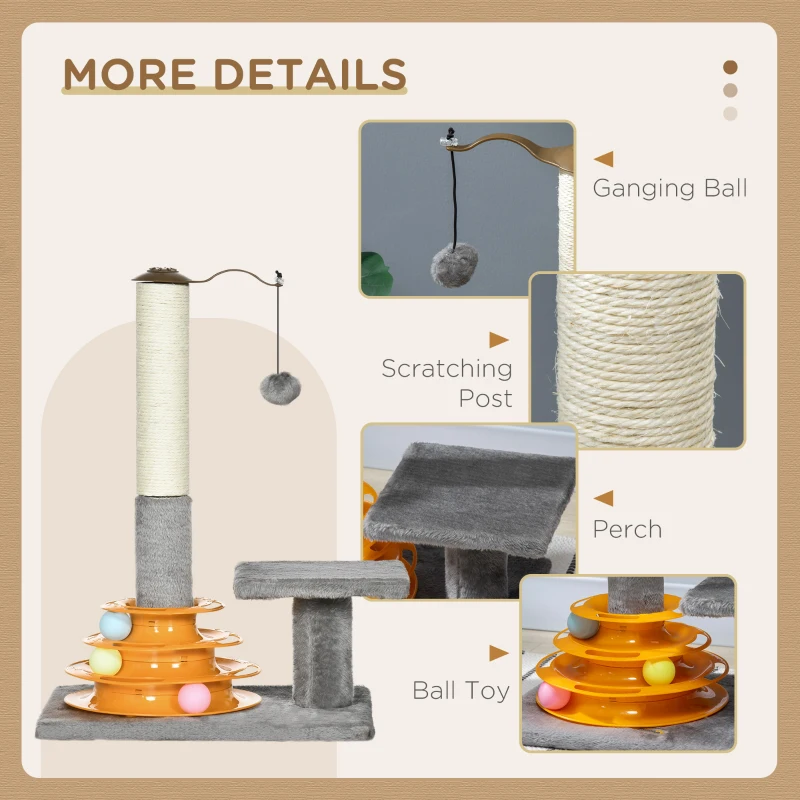 PawHut 22" Cat Tree Tower Activity Center, Kitten Play House with Scratching Posts, Perch and Ball Toy, Grey