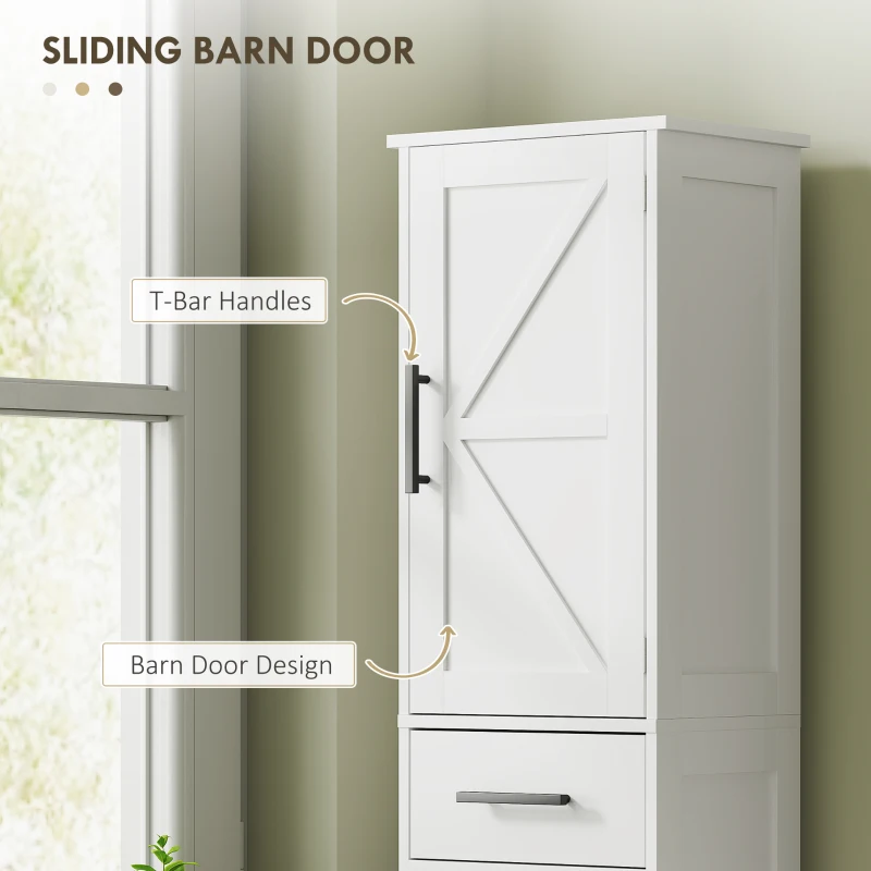 HOMCOM Farmhouse Linen Closet with Drawer, 67" Tall Bathroom Storage Cabinet with Barn Doors and Adjustable Shelves, White