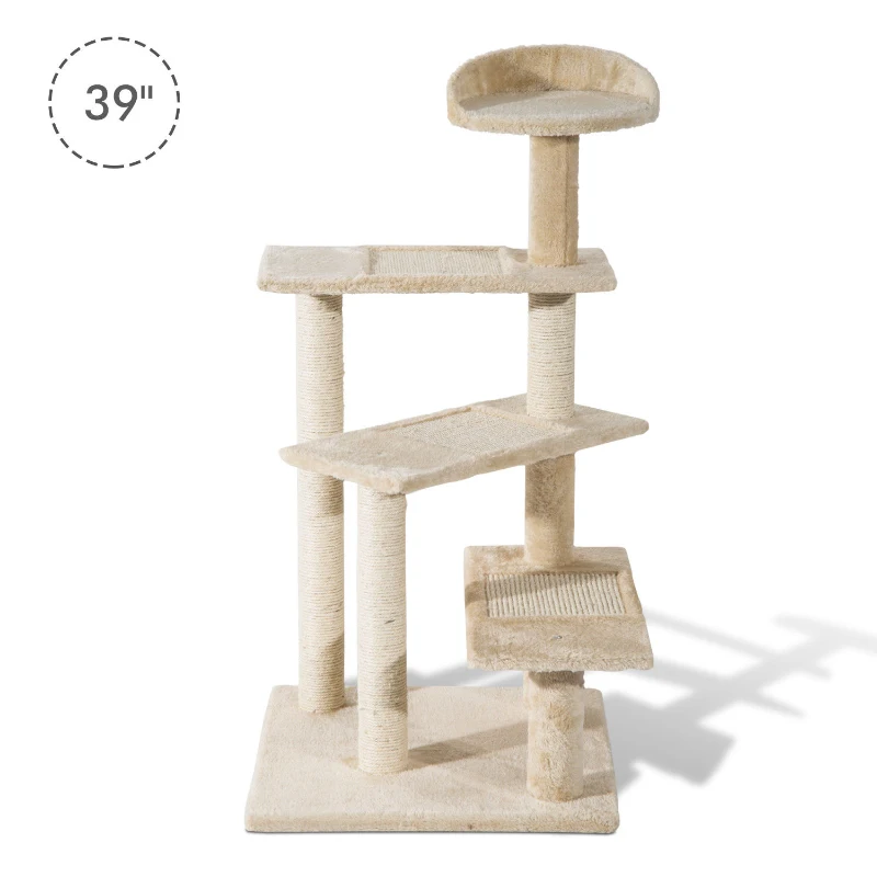 PawHut 39” Scratching Cat Tree Scratcher Revolving Steps Climbing Tower Post Pets Furniture Beige